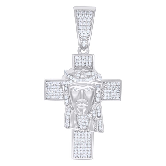 925 Sterling Silver Mens CZ Jesus Cross Religious Charm Pendant